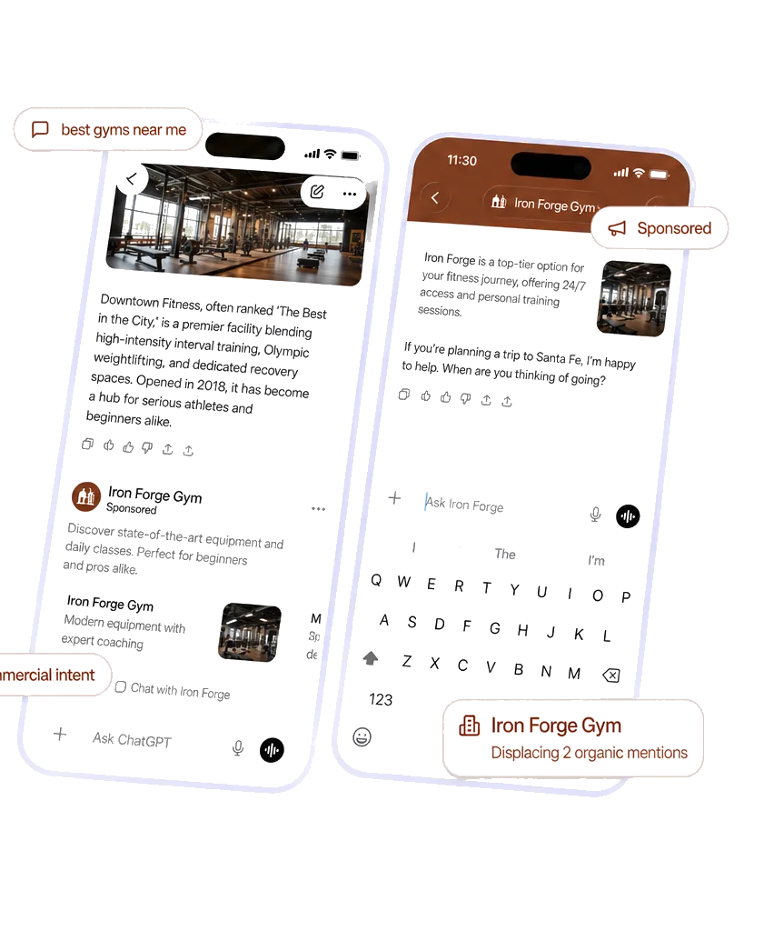 ChatGPT gym search and sponsored listing on two phones